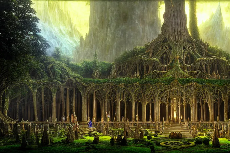 Prompt: a beautiful and highly detailed matte painting of a elven temple in lothlorien, psychedelic, celtic, intricate details, epic scale, insanely complex, 8 k, sharp focus, photorealism, artstation, cgsociety, by caspar friedrich, albert bierstadt, james gurney, brian froud,