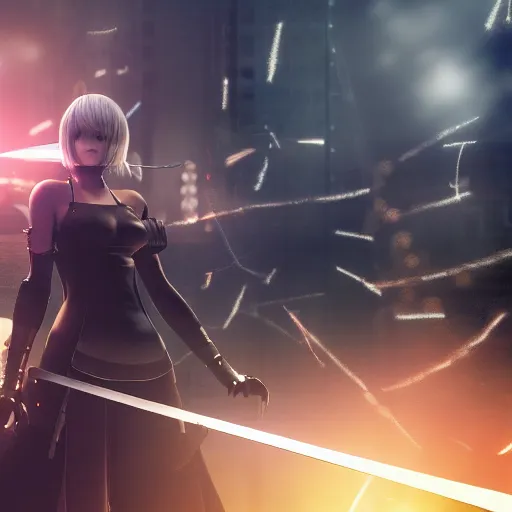 Image similar to realistic render of Nier Automata with katana, dramatic lighting, explosions in background, 4k