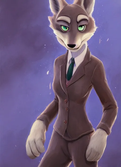 Image similar to oil painting detailed full body of anthromorphic female wolf, in style of zootopia, zootopia, zootopia, fursona, furry, furaffinity, 4 k, deviantart, furry art, fursona art, wearing black business suit, business suit, in style of zootopia, wolf fursona, cyberpunk, female, expressive, detailed feminine face,