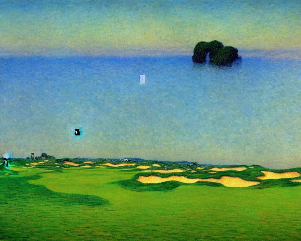 Image similar to achingly beautiful painting of bandon dunes golf course by rene magritte, monet, and turner.