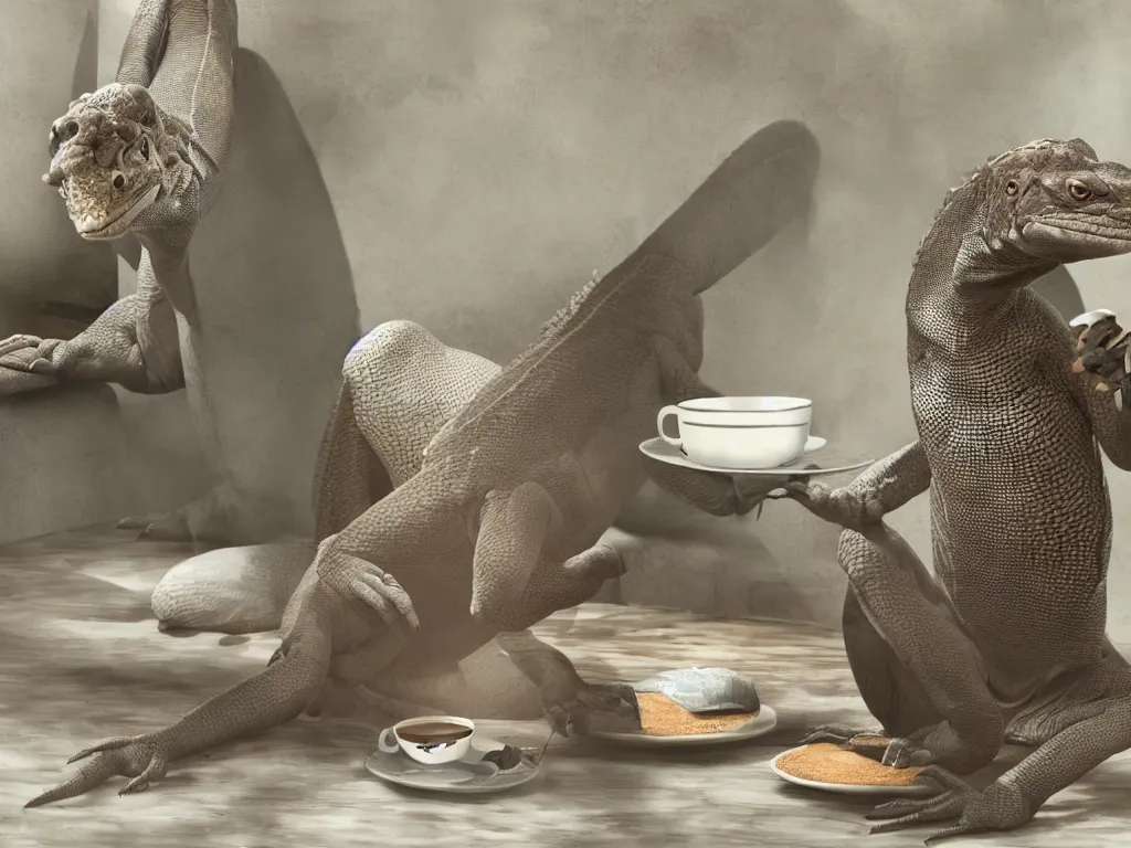 Prompt: photorealistic image of a humanoid komodo dragon sitting all alone in a cafe, drinking coffee while checking his messages on his ipad, ultra realisticepic digital art