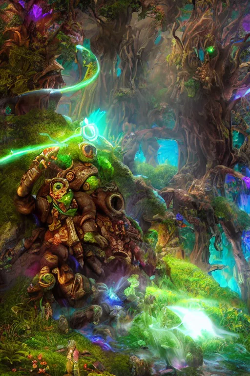 Image similar to zelda fantasy art giant golem elemental wood rock greeble gemstone enchanted forest troll, global illumination ray tracing hdr fanart arstation by sung choi and eric pfeiffer and gabriel garza and casper konefal bastion forged hardmesh lisa frank zbrush central radiating a glowing aura global illumination ray tracing hdr volume light