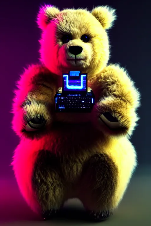 Image similar to high quality 3 d render very cute fluffy cyberpunk bear! plays electric guitar, cyberpunk highly detailed, unreal engine cinematic smooth, in the style of blade runner & detective pikachu, hannah yata charlie immer, moody light, low angle, uhd 8 k, sharp focus