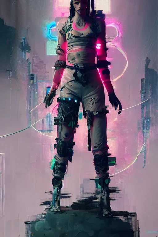 Image similar to horizon zero down, cyberpunk futuristic neon. fencing, long sword in her hand, decorated with traditional japanese ornaments by ismail inceoglu dragan bibin hans thoma greg rutkowski alexandros pyromallis nekro rene maritte illustrated, perfect face, fine details, realistic shaded, fine - face, pretty face, masterpiece