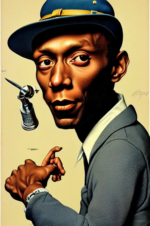 Image similar to mos def portrait by gil elvgren and norman rockwell and rob gonsalves and hajime sorayama, hyperrealistic, high detail, ultra detailed, highly detailed face, ruffled fabric