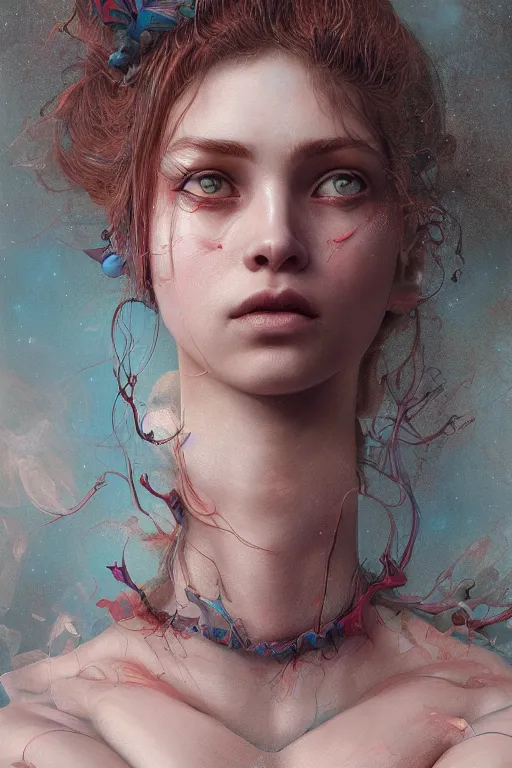 Image similar to A surreal painting causing skewed and negative outcomes in this gorgeous female portrait, in the style of James jean, Brian froud, ross tran, realistic 3D, digital art, insanely detailed, octane render, unreal engine, hyper-realistic, super detailed