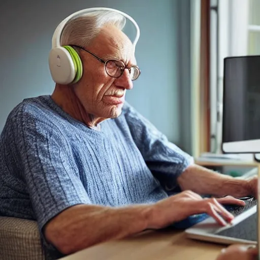 Image similar to A colored colorized real screenshot of Jerma985 as an elderly guy streaming on his computer while wearing headphones, taken in the early 2020s, taken on a 2010s Camera, realistic, hyperrealistic, very realistic, very very realistic, highly detailed, very detailed, extremely detailed, detailed, digital art, trending on artstation, headshot and bodyshot, detailed face, very detailed face, very detailed face, real, real world, in real life, realism, HD Quality, 8k resolution, intricate details, colorized photograph, colorized photon, body and headshot, body and head in view