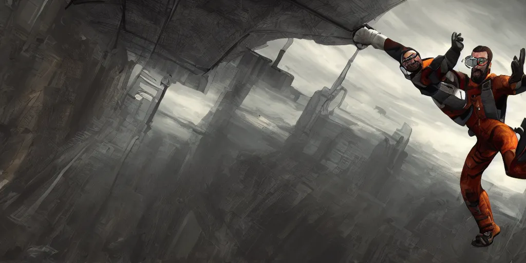 Prompt: Gordon Freeman of Half-Life 2 jumping out of a plane, digital art, 4K