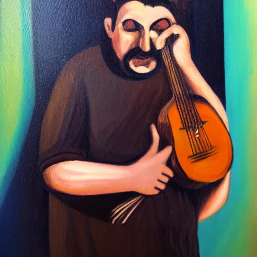 Image similar to oil painting of a greek rebetiko musician crying in the dark corner of a dirty room, light and shadow, paint knife, stylised