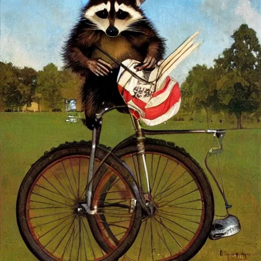 Prompt: raccoon riding a penny-farthing, painting by Norman Rockwell, detailed, 4k