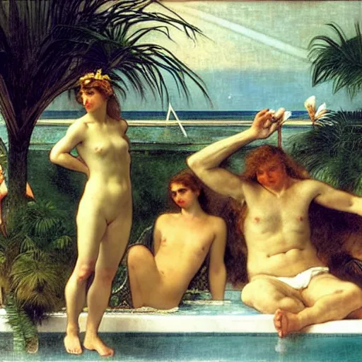 Prompt: Balustrade party, thunderstorm, greek pool, beach and palm trees on the background major arcana sky, by paul delaroche, alphonse mucha and arnold böcklin arnold böcklin hyperrealistic 8k, very detailed