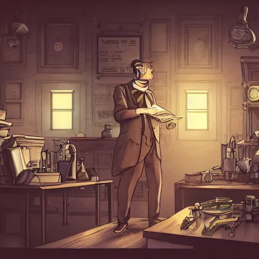 Image similar to muted colors, steampunk, comic book illustration, old victorian professor in his laboratory, detailed, cinematic lighting