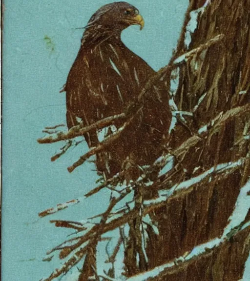 Image similar to damaged postcard of 'an eagle in the nest of a snowy pine tree', long shot, coffee table background