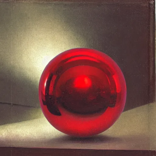 Prompt: chrome spheres on a red cube by hans gude