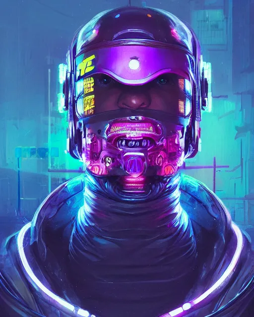 Prompt: detailed portrait cyberpunk helmet futuristic neon, purple reflective coats, decorated with traditional Arabic ornaments by Ismail inceoglu dragan bibin hans thoma greg rutkowski Alexandros Pyromallis Nekro Rene Maritte Illustrated, Perfect face, fine details, realistic shaded, fine-face, pretty face