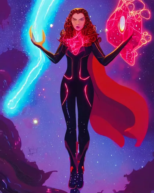 Prompt: a character portrait of scarlet witch with glow, surrounded with spiriling sparkling flash crystals and galaxies, by jesper ejsing, aleksi briclot, hyper light drifter, by ilya kuvshinov katsuhiro, jim burns, ed emshwiller, greg rutkowski, trending on artstation