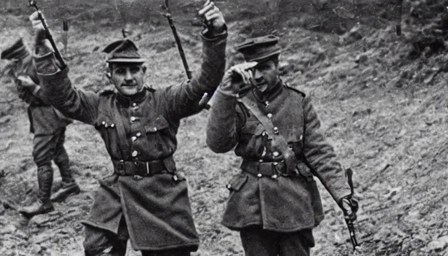 Prompt: french officer dabbing during the battle of verdun ( 1 9 1 6 ), historical photograph, highly detailed