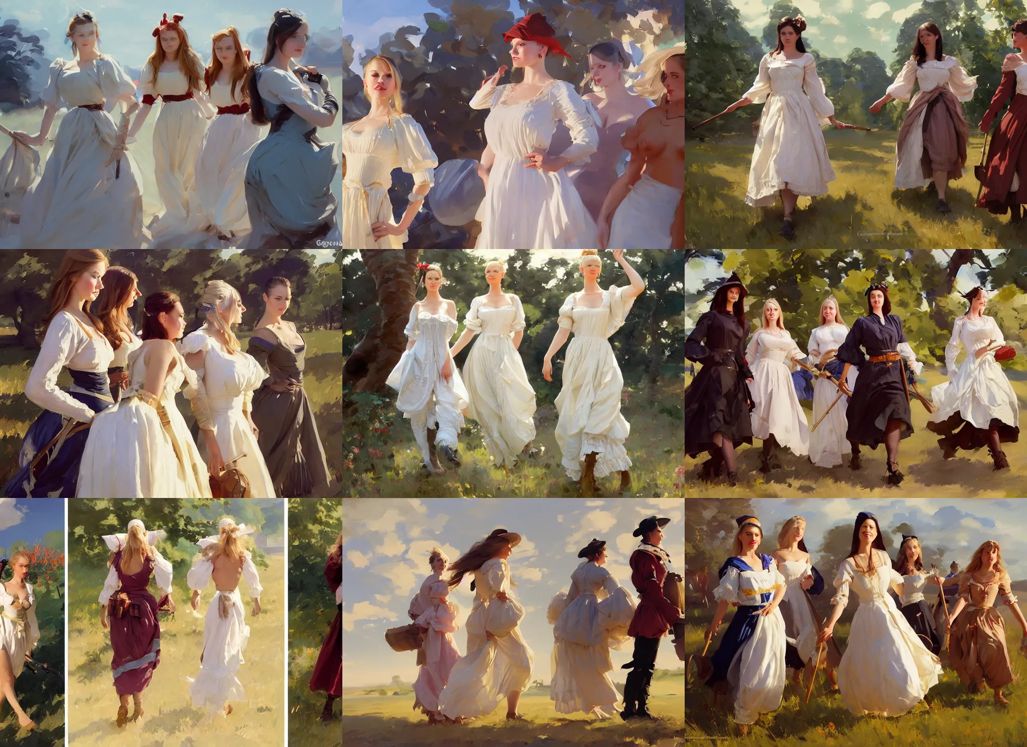 Prompt: three beautiful finnish norwegian swedish scandinavian attractive glamour models wearing 1 7 th century polonaise with low neckline walking in the feild in a sunny day, jodhpurs greg manchess painting by sargent and leyendecker, studio ghibli fantasy close - up shot asymmetrical intricate elegant matte painting illustration hearthstone, by greg rutkowski by greg tocchini by james gilleard