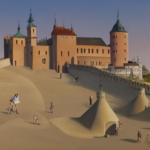 Prompt: painting of Cracow Wawel castle buried in the sands of a vast desert, most of the castle is covered in sand, beautiful lighting, detailed, realistic