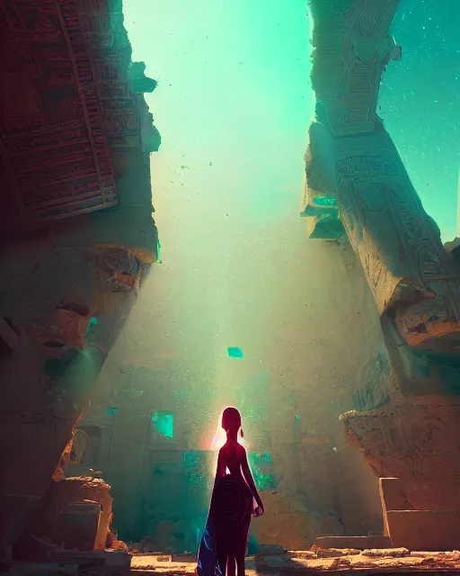 Prompt: android girl in egyptian ruins, ultra realistic, lens flare, atmosphere, glow, detailed, intricate, full of colour, cinematic lighting, trending on artstation, 4 k, hyperrealistic, focused, extreme details, cinematic, masterpiece, by ismail inceoglu