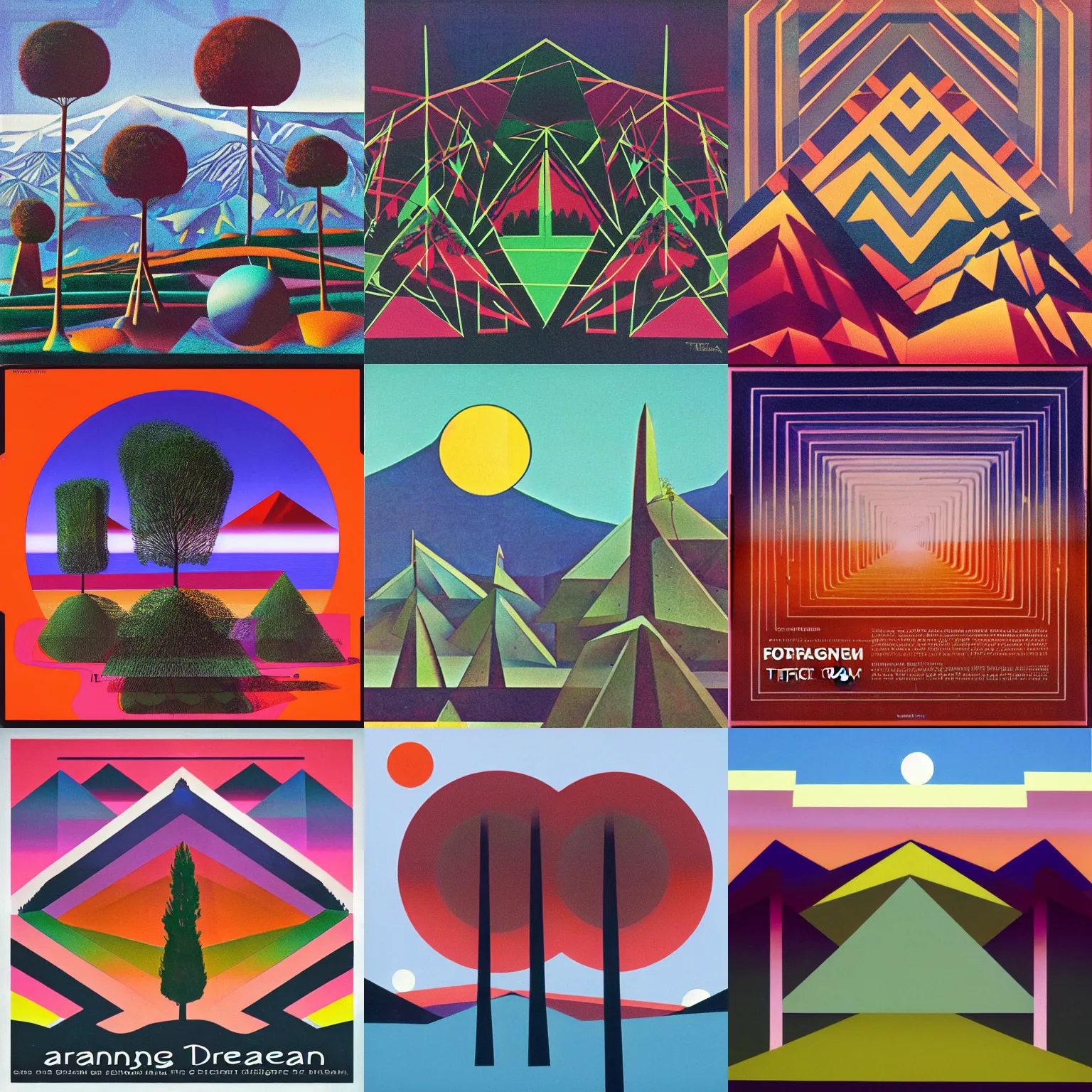 Prompt: Tangerine Dream Album Cover, geometric trees and mountains, 1970s