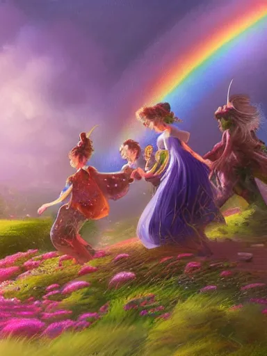 Image similar to a happy familly under the rainbow. in the green valeys near a village. intricate, elegant, highly detailed, digital painting, artstation, concept art, sharp focus, illustration, by justin gerard and artgerm, 8 k