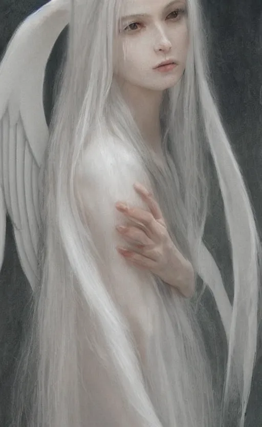 Image similar to angelic beauty with silver hair so pale and wan! and thin!?, flowing robes, covered in robes, lone pale wan fair angel, wearing robes of silver, flowing, pale skin, young cute face, covered!!, clothed!! style of lucien levy - dhurmer and jean deville, oil on canvas, 4 k resolution, aesthetic!, mystery