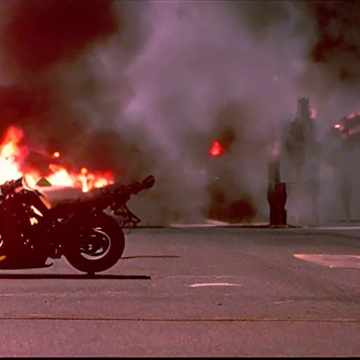 Prompt: film still from 'Displaced Future' (1997). Exciting future action scene of a motorcycle and explosions. Sigma 85mm f/8