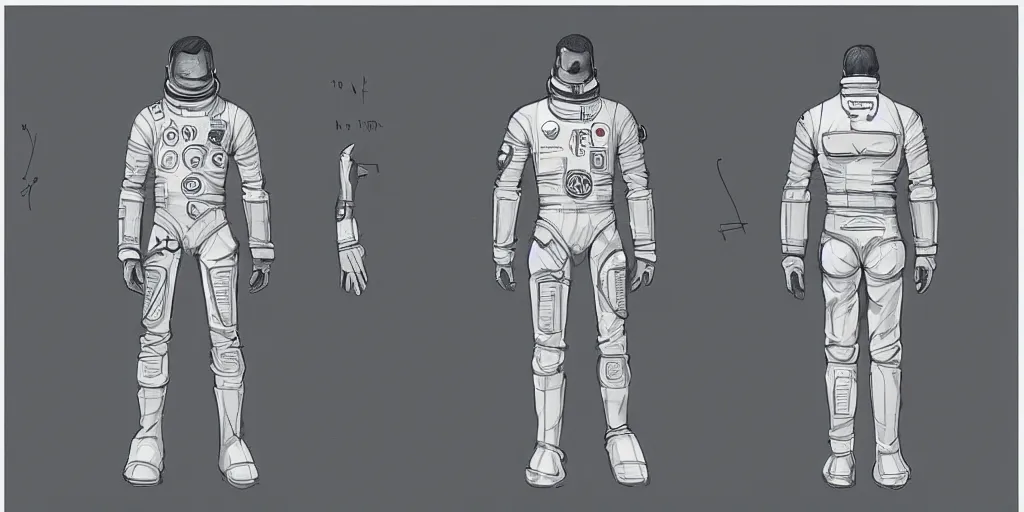 Prompt: male, space suit, character sheet, concept art, very stylized, large shoulders, short torso, long thin legs, cartoon proportions, tiny feet, concept design, by jean giraud