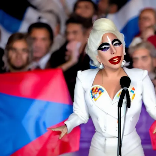 Image similar to Lady Gaga as president, Argentina presidential rally, Argentine flags behind, bokeh, giving a speech, detailed face, Argentina