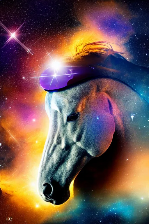 Image similar to astonaut horse, wearing space helmet, floating in space, nebulas and stars in background, space photography, ultrarealistic, sharp focus, intricate, ultra high definition, ultra resolution details, no duplicate, proportional, shadow effect, baroque environment