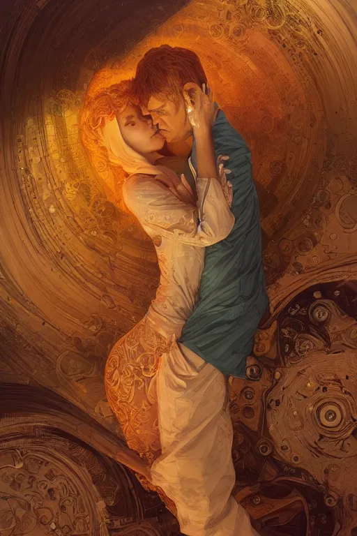 Image similar to portrait of tinfoil hat man in orange t - shirt hugging from behind his wife in a bed, feelings, romantic, fantasy, intricate, elegant, highly detailed, digital painting, artstation, concept art, smooth, sharp focus, illustration, art by artgerm and greg rutkowski and alphonse mucha