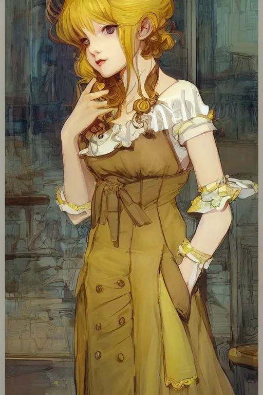 Image similar to A girl in a maid's outfit in a cafe a afternoon, wavy hair yellow theme,S line,45 angel by krenz cushart and mucha and trnyteal