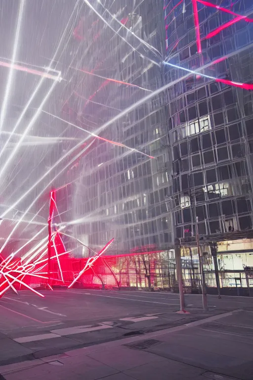 Image similar to Three giant red crosses made out of light beams in the center of a city