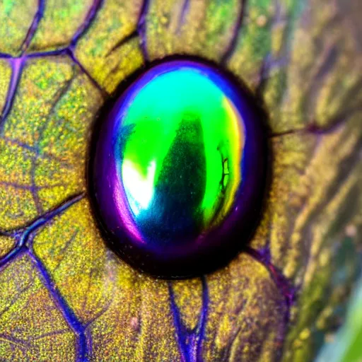 Image similar to an ultra high definition and realistic iridiscent scarab in the jungle, close-up, 35mm