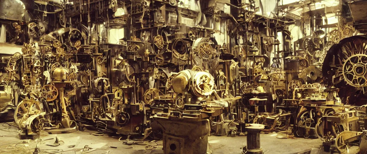 Image similar to movie still 4 k uhd 3 5 mm film color photograph of an steampunk workshop full of xix century differential machines