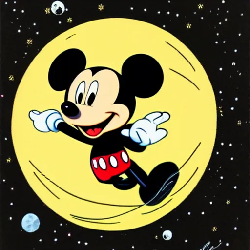 Prompt: mickey mouse walking on the moon
