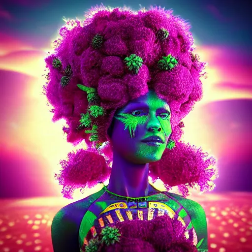Image similar to a female african marijuanna! shaman with an afro made of flowers, third eye art art by machina infinitum, complexity from simplicity, rendered in octane, mandelbulb 3 d, ambient occlusion, macro photography, felt!!! texture, tribal, neon! retrowave