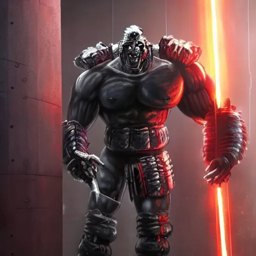 Image similar to very buff very huge very muscolar excessively big buff samurai wearing a scary Oni mask. Cybernetic cyber cybernetic cyber cyberpunk. Sci-fi movie still