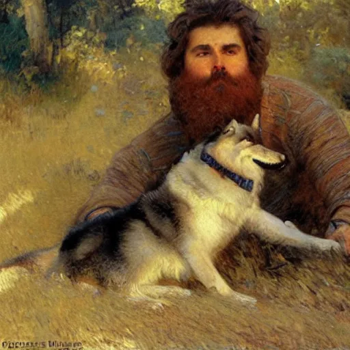 Image similar to a bearded, ginger, hairy man with an husky body type, painting by Gaston Bussiere, Craig Mullins