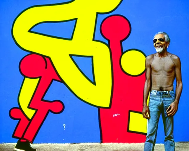 Prompt: gilberto gil street art by keith haring. gilberto gil smiling, eyes closed. bright blue background