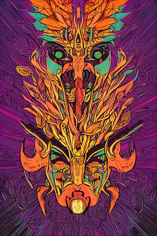 Image similar to animal mask totem roots flower tribal feather gemstone plant wood rock shaman vodoo video game vector cutout illustration vivid multicolor borderlands comics by josan gonzales and dan mumford radiating a glowing aura