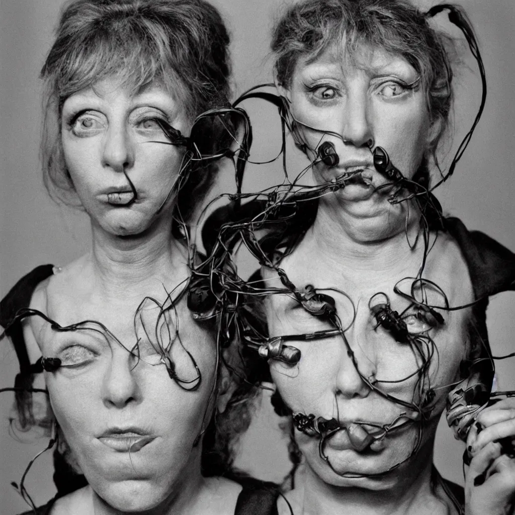 Prompt: a woman with cables in her eyes, mouth, ears and skin, cindy sherman, testuo, blade runner