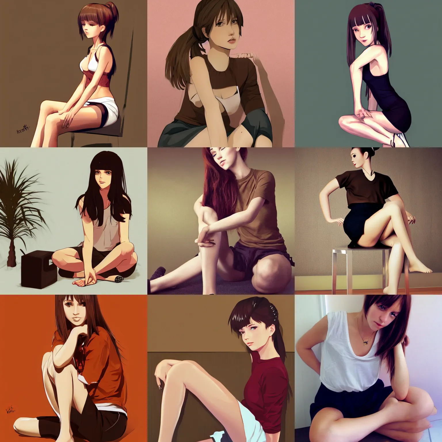 Prompt: sexy girl wearing shorts, brown hair in a ponytail, sitting cross legged, tasteful, in the style of ilya kuvshinov