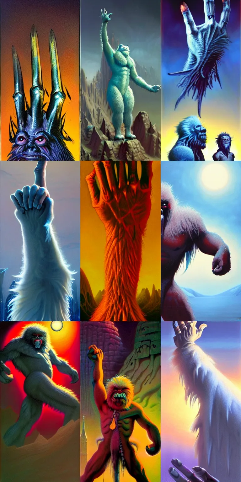 Prompt: one ice yeti hand with claws is drawn from left to right, fantasy, desaturated, Tim Hildebrandt, Wayne Barlowe, Bruce Pennington, donato giancola, larry elmore, oil on canvas, masterpiece, trending on artstation, featured on pixiv, dramatic pose, beautiful lighting, sharp, details, hyper-detailed