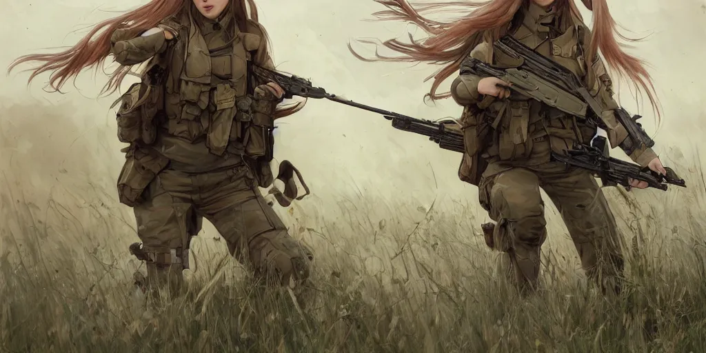 Image similar to soldier girl, alone, ground explosion, anime style, long hair, hair down, symmetrical facial features, under heavy fire, hyper realistic, pale skin, 4 k, rule of thirds, extreme detail, detailed drawing, trending artstation, hd, fantasy, d & d, realistic lighting, by alphonse mucha, greg rutkowski, sharp focus, backlit, soldier clothing