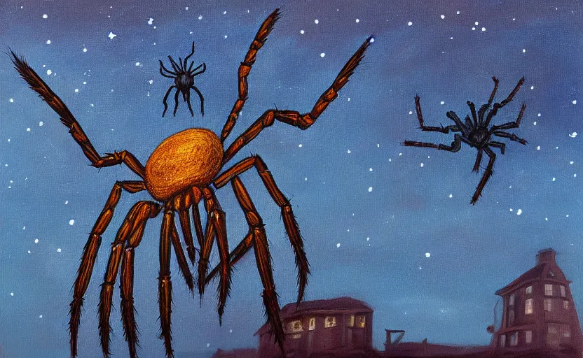 Prompt: surreal painting of a giant spider in the village at a cloudy night