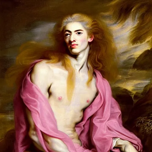 Prompt: beautiful portrait painting of the androgynous prince Lucius with long curly blond hair, very very very pale white skin, delicate young man wearing a wispy pink silk dress smiling sleepily at the viewer, symmetrically parted curtain bangs, in love by Peter Paul Rubens and Seb Mckinnon