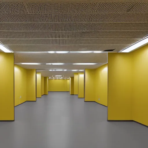 Image similar to space which resembles the back rooms of a retail outlet, spanning approximately 600 million square miles. All rooms throughout Level 0 share the same superficial aspects: mono-yellow wallpaper, old moist carpet, and inconsistently placed fluorescent lighting. Beyond these main features, no two rooms are identical. 4k, HD, photorealistic