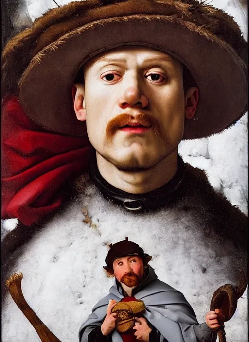 Image similar to a masterwork portrait of olaf the snowman from frozen in the style of a renaissance painting, insane detail, chiaroscuro oil painting, jan matejko, caravaggio, jan van eyck, trending on artstation, artgerm